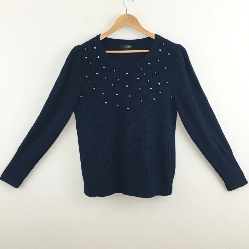 a.n.a. | Navy Sweater with Round Gun Metal Bead Details